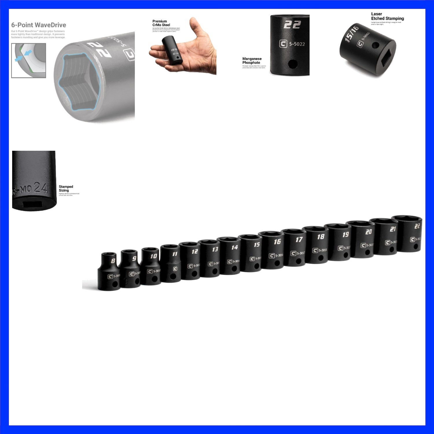 3/8-Inch Drive Shallow Impact Socket Set, Metric, 8 to 22 mm, Chrome Molybde…