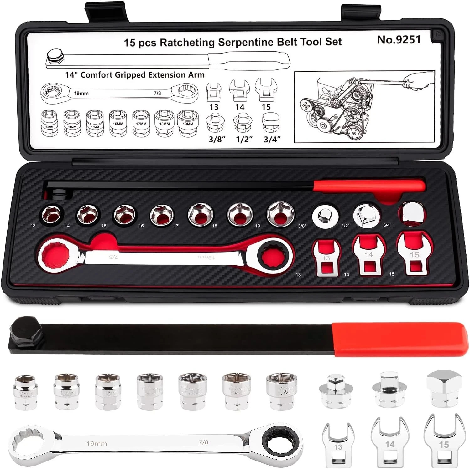 15PCS Timing Belt Tool Kit, Professional Ratchet Timing Belt Tensioner Tool