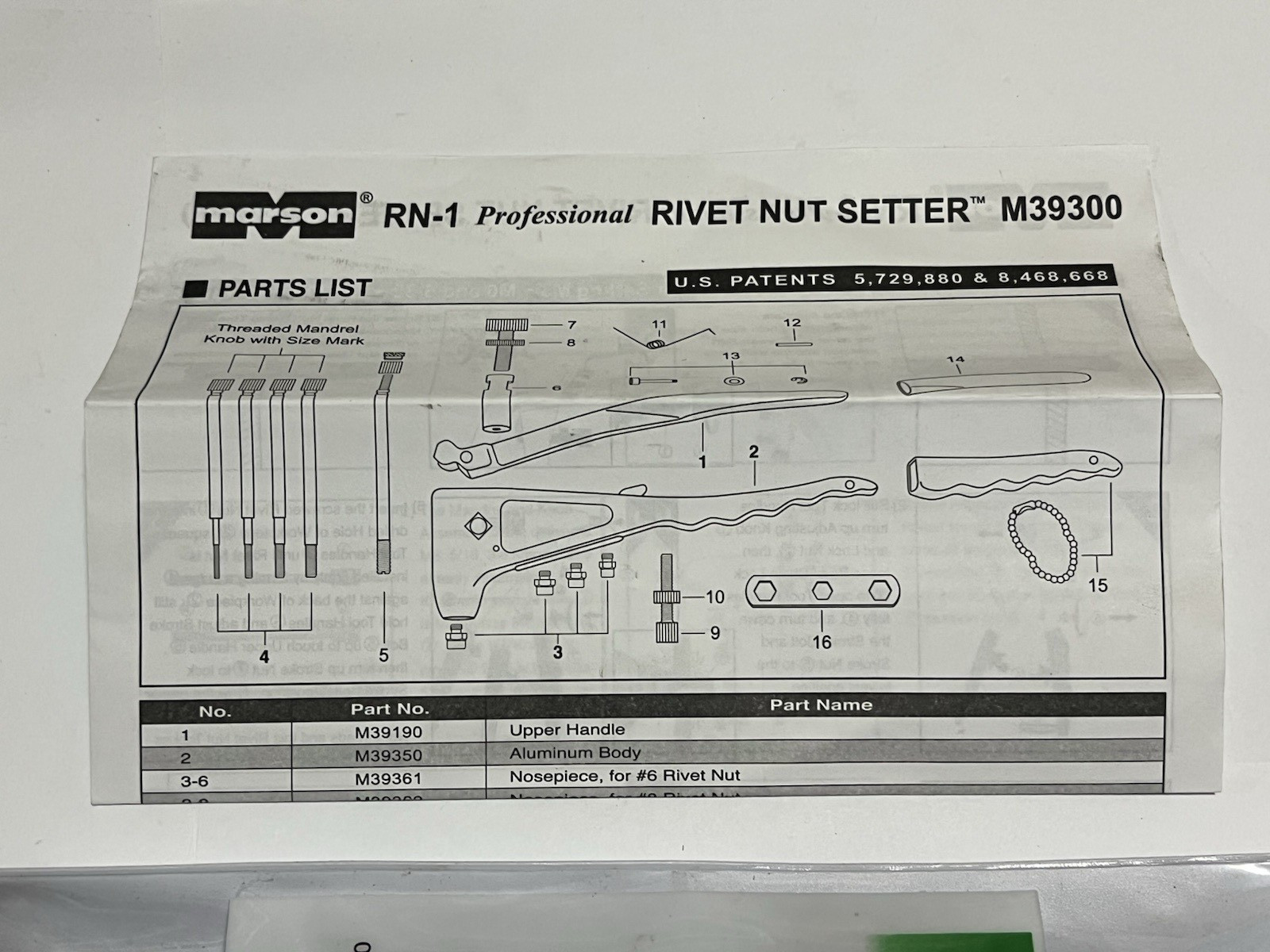 Marson 39300 RN-1 Rivet Nut Setter Installer Tool 8-32 10-24 10-32 NICE