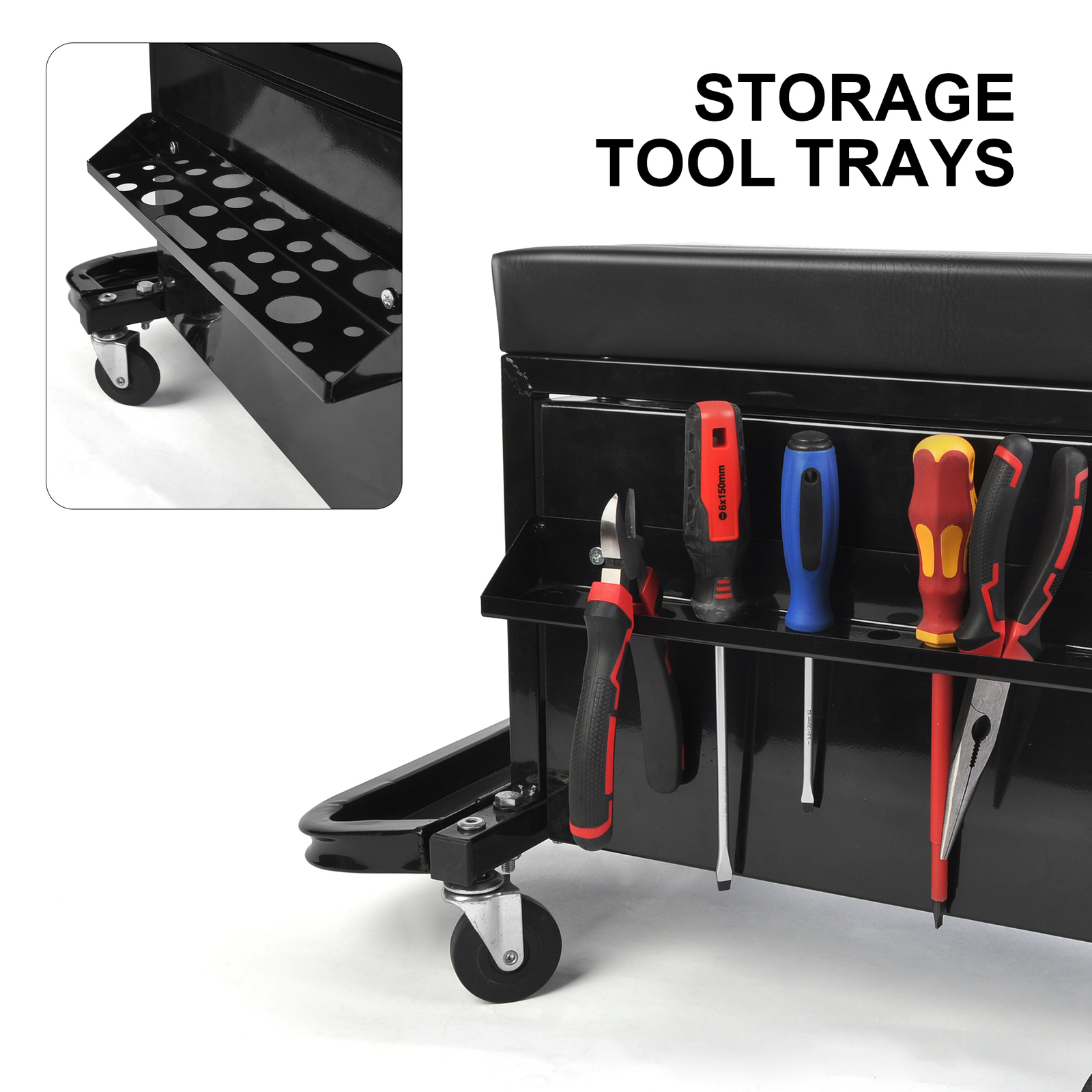Mechanics Roller Work Seat w/ 3-Drawer Tool Box Storage Tray Padded Stool Black