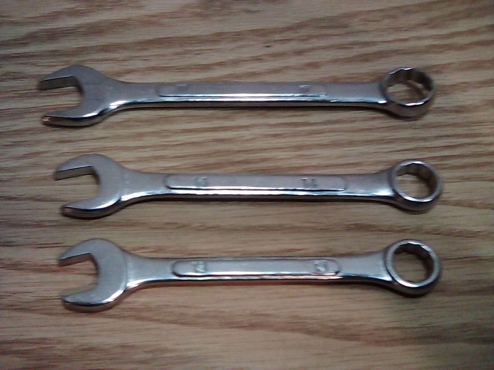 Three Drop Forge Taiwan Combination Wrenches 13mm 14mm and 17mm.