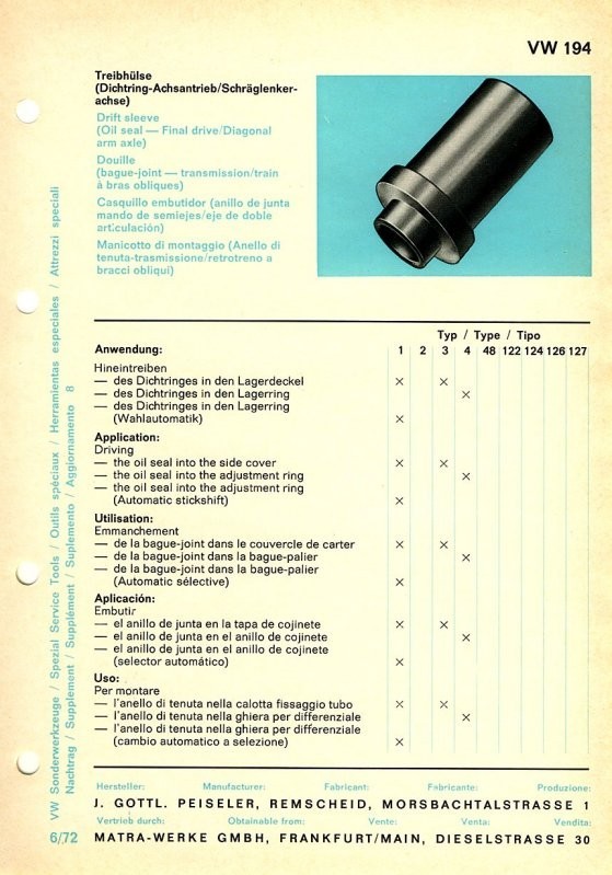 Genuine VW special Tool- NOS VW Dealership Tool- VW194 Peiseler Oil Seal Drift