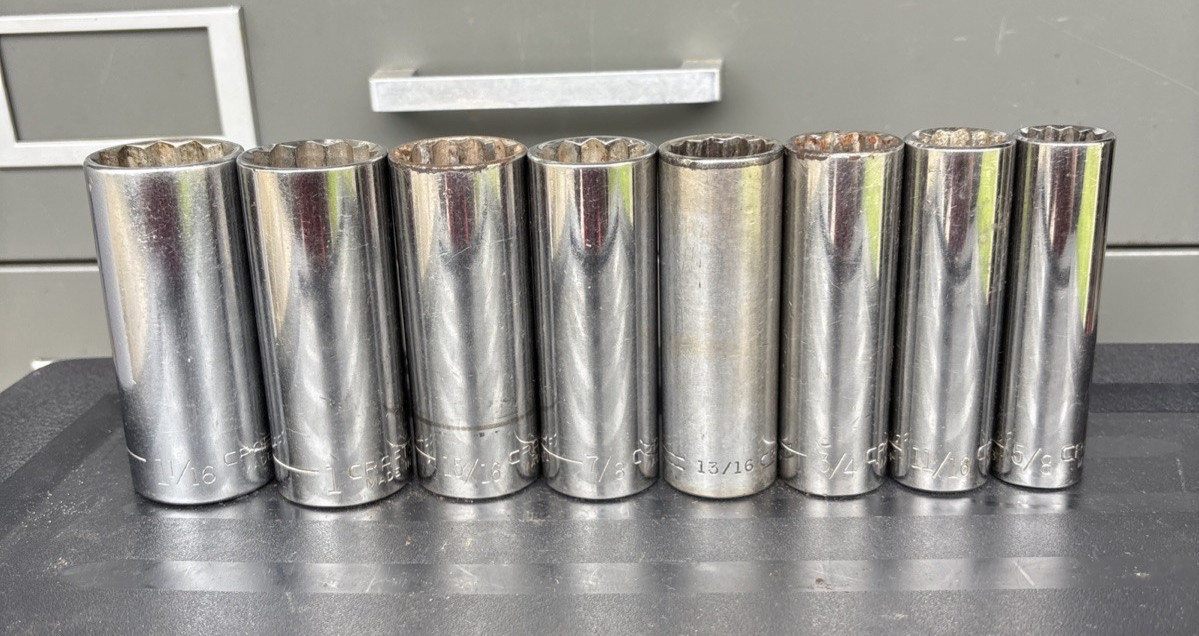 Craftsman Mixed Lot of (8) 12-point SAE deep sockets with a 1/2-inch drive.