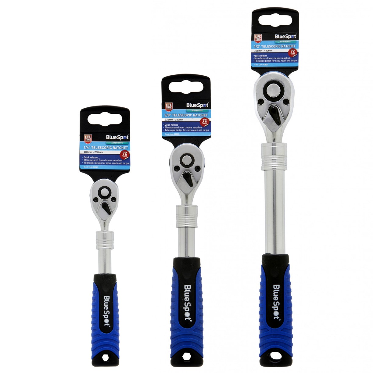 3 PACK OF CHROME VANADIUM TELESCOPIC EXTENDABLE RATCHET HANDLES 1/4″ 3/8″ 1/2″