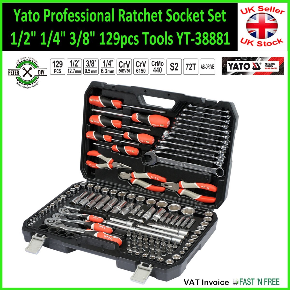 SOCKET SET RATCHET Yato Professional Tools 1/2″ 1/4″ 3/8″ 129pcs Tools YT-38881