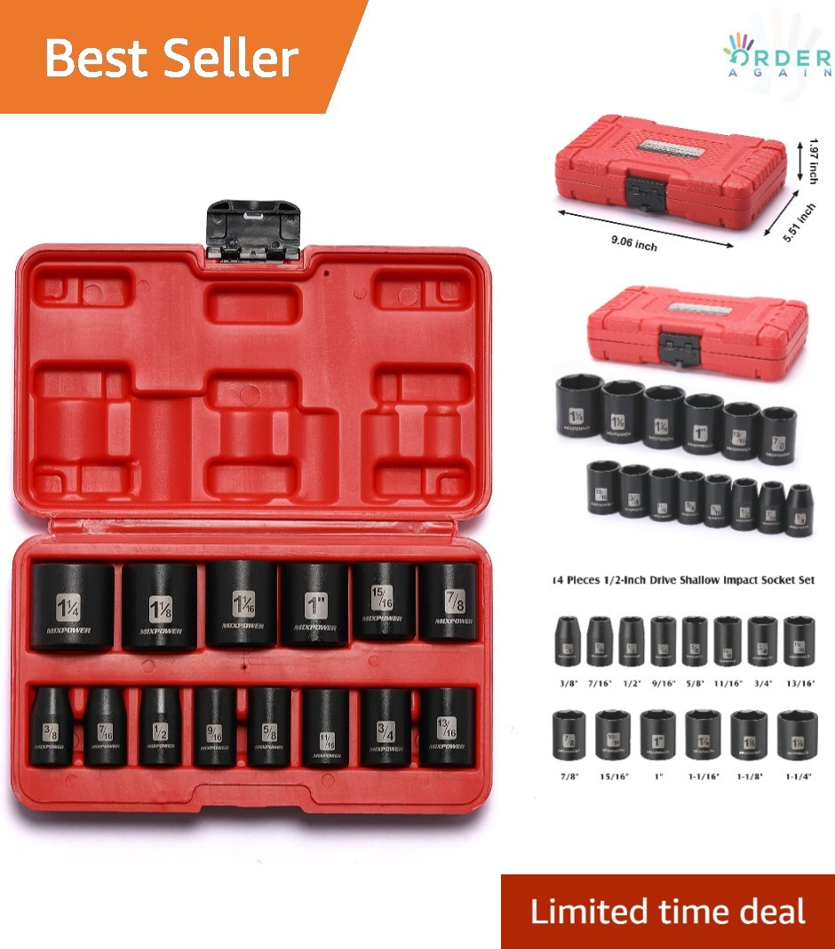 14-Piece Impact Socket Set Chrome Vanadium 3/8 to 1-1/4 Inch Shallow SAE
