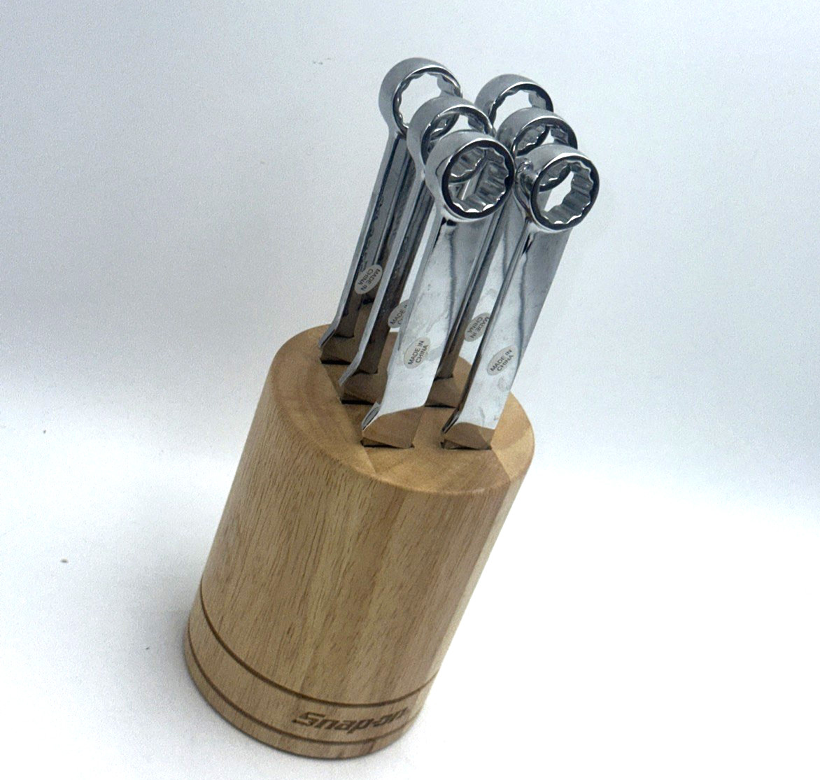 Snap On Tools 6 Pc Stainless Steel Box Wrench Steak Knife Set Wood Holder