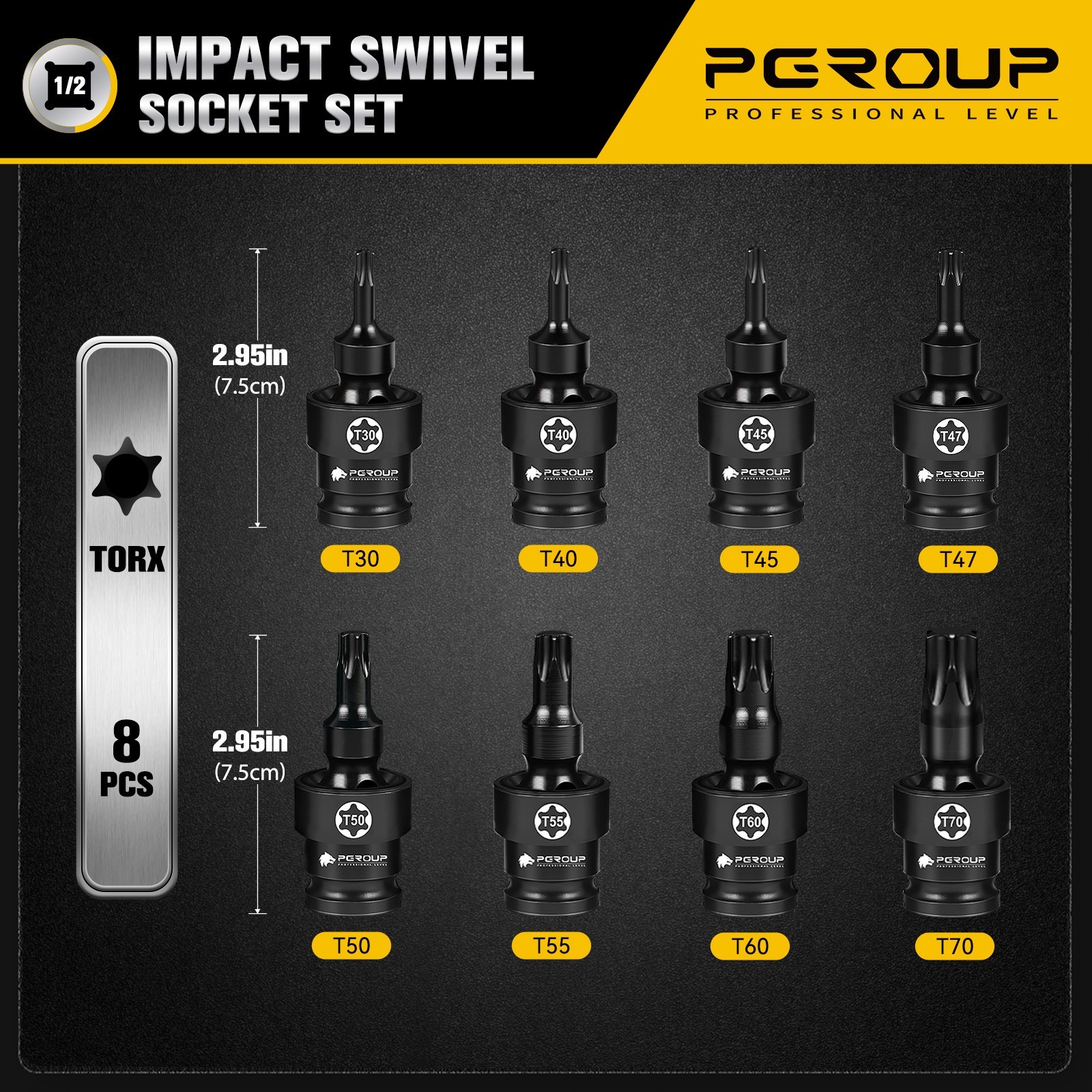8PCS 1/2″ Drive Universal Swivel Impact Torx Socket Set, T30-T70, CR-MO Steel