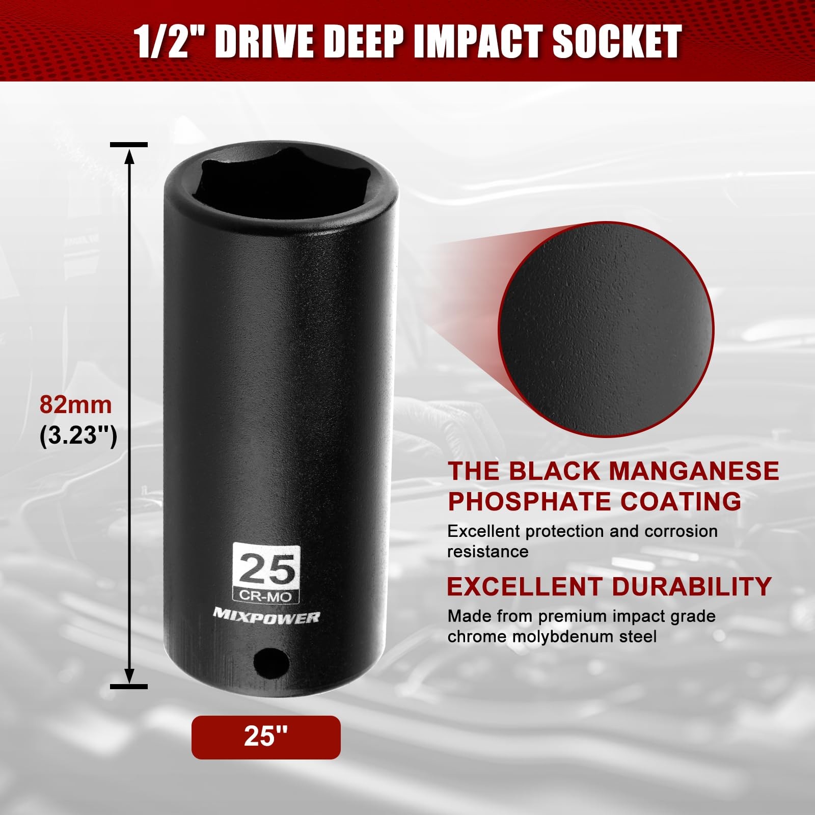 1/2″ Drive Deep Impact Socket,CR-MO,25mm,6 Point, Radius Corner 25mm