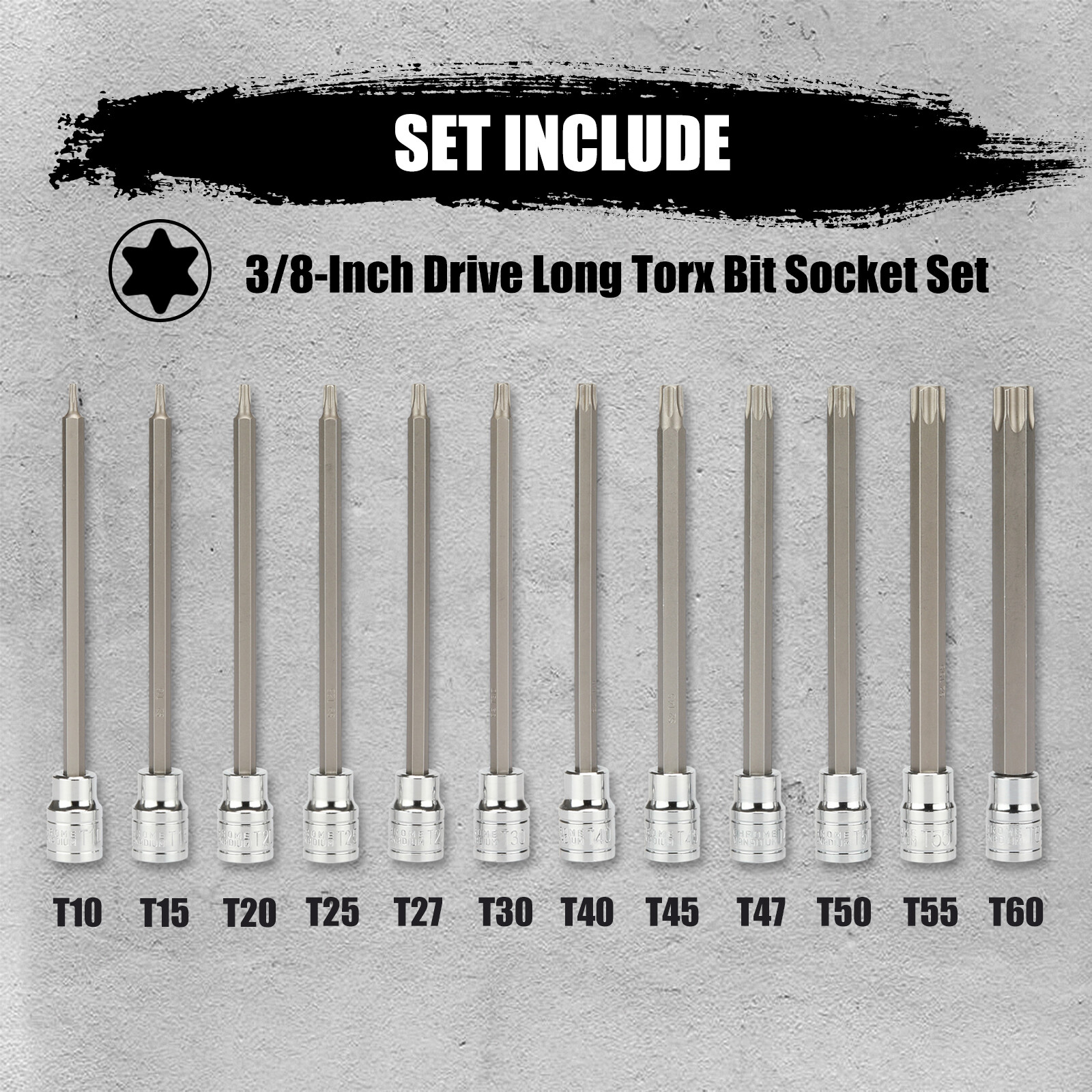 3/8″Drive Extra Long Torx Bit Socket Set, 12 Piece Torx Stra Bit Set, T10 to T60