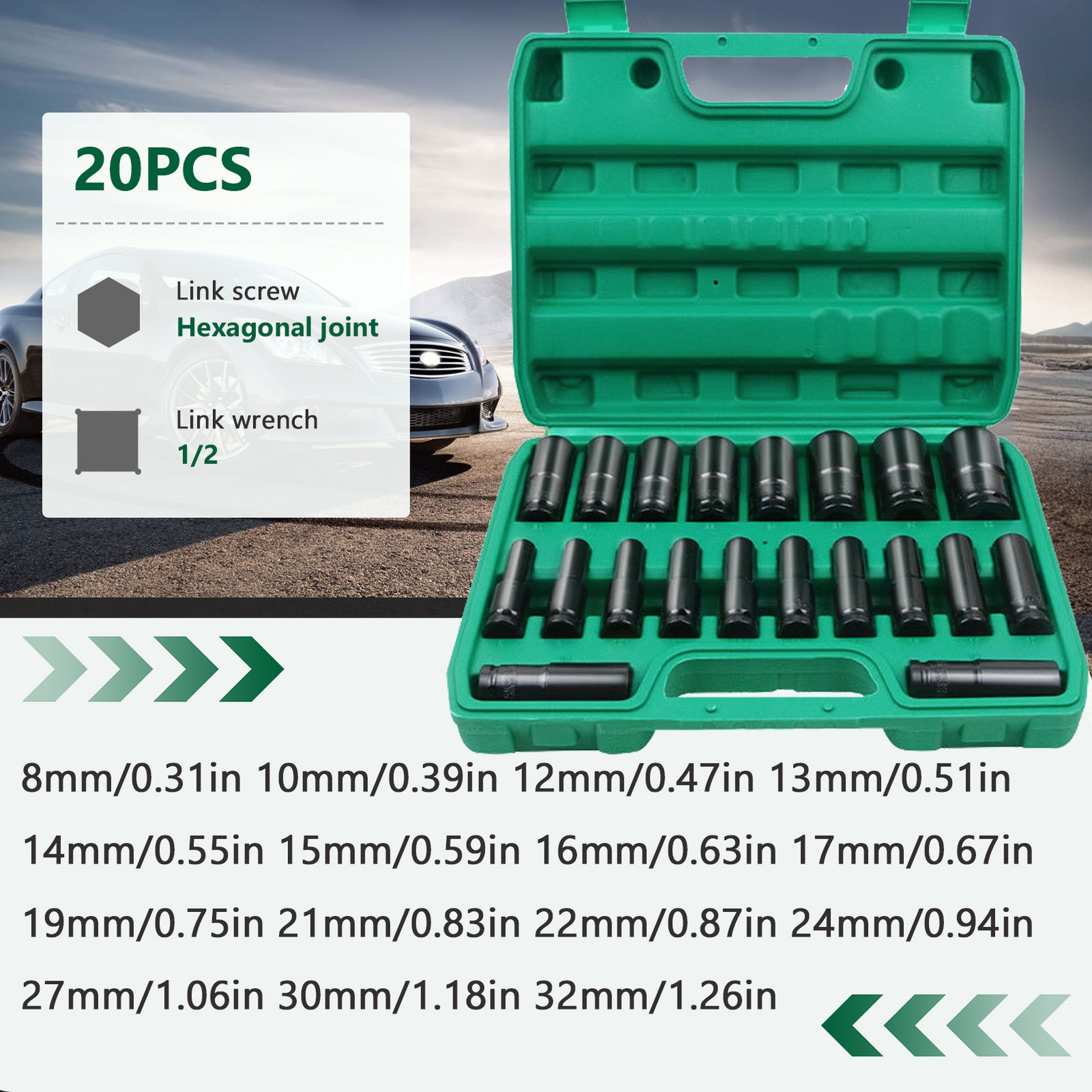 20PCS 1/2Inch Impact Sockets Set Drive Metric 8mm-32mm Deep 6-Point Set w/case