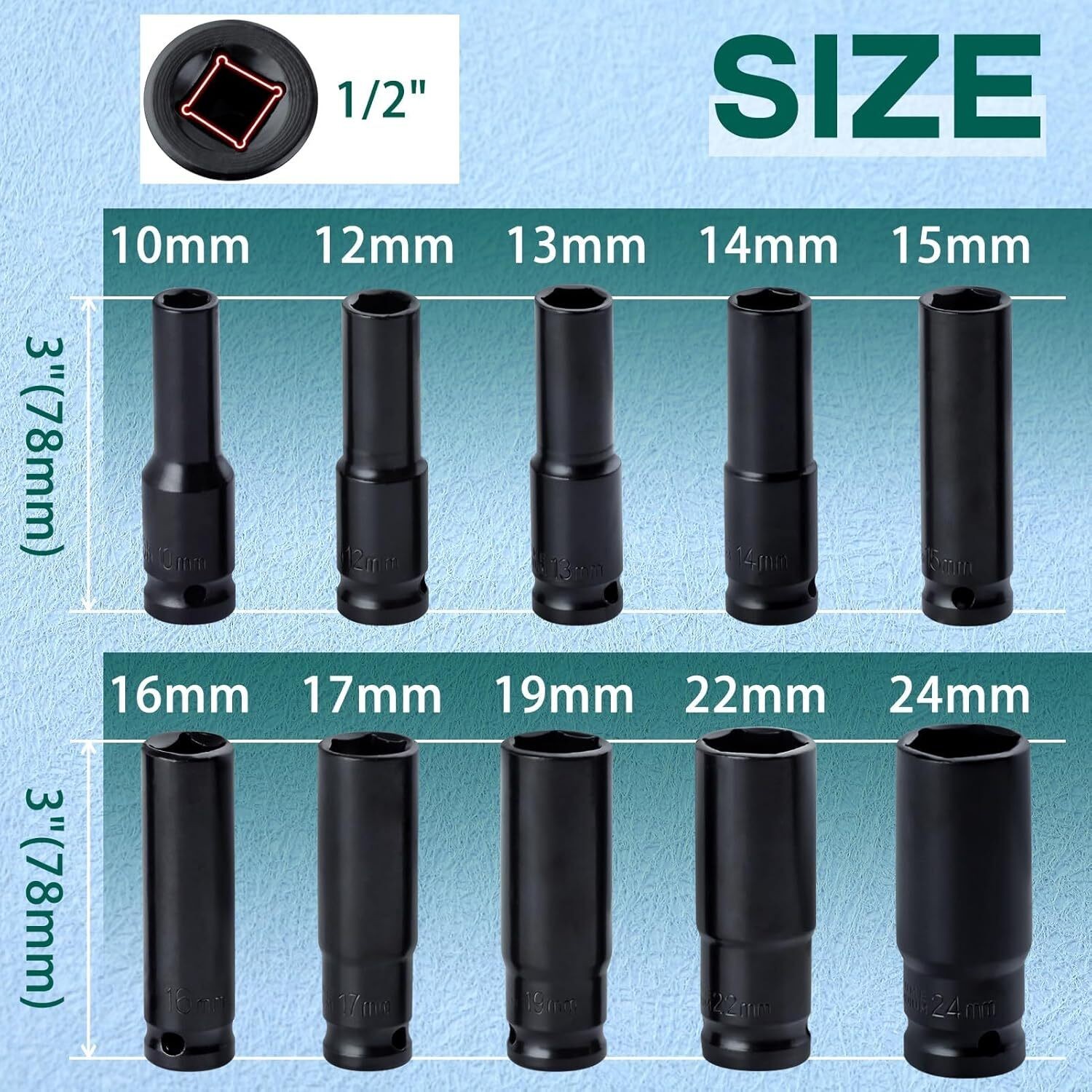 Impact Sockets Set 1/2Inch Drive 10 PCS Metric 10mm-24mm Deep 6-Point Set w/case