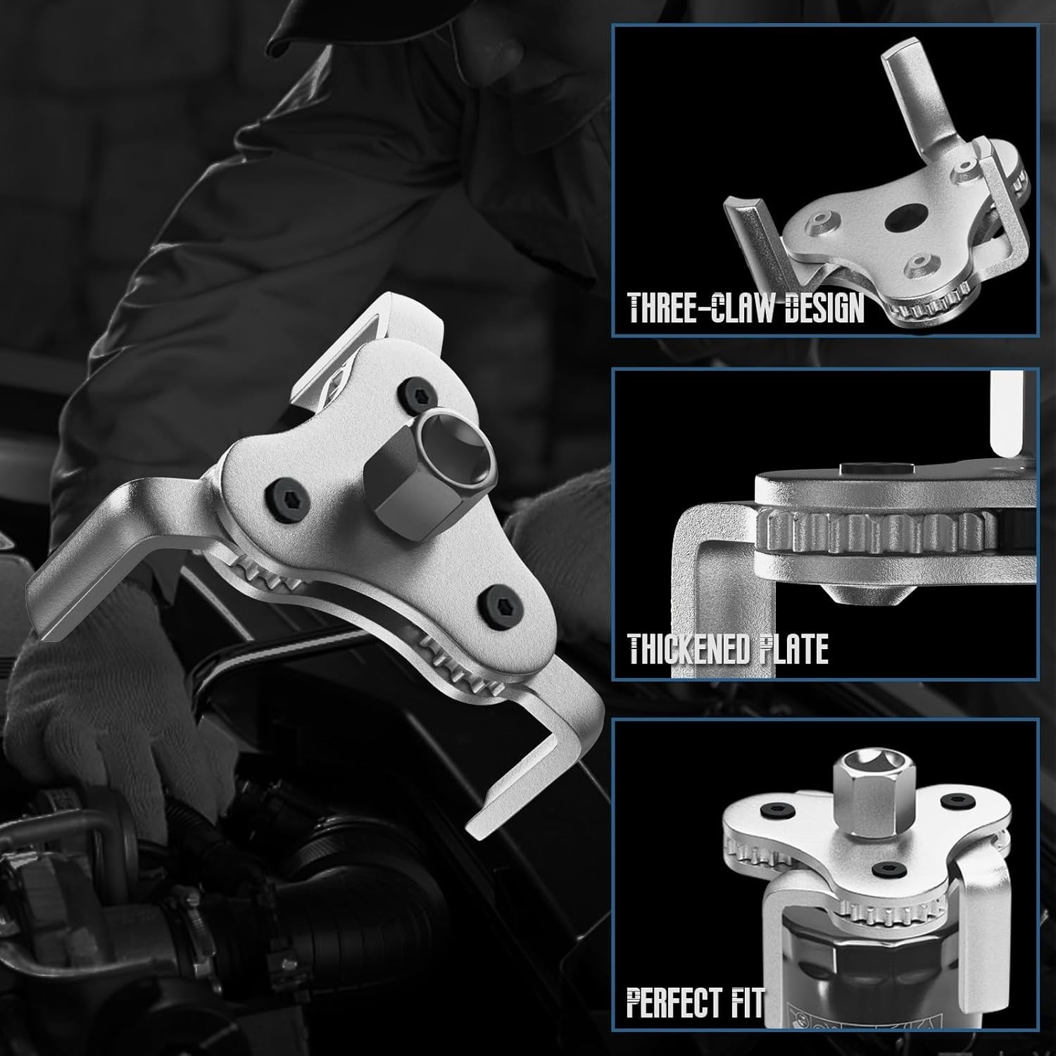 Efficient Adjustable Oil Filter Wrench Set, 3 Jaw, 2.5-4.5 Inch for All Vehicles