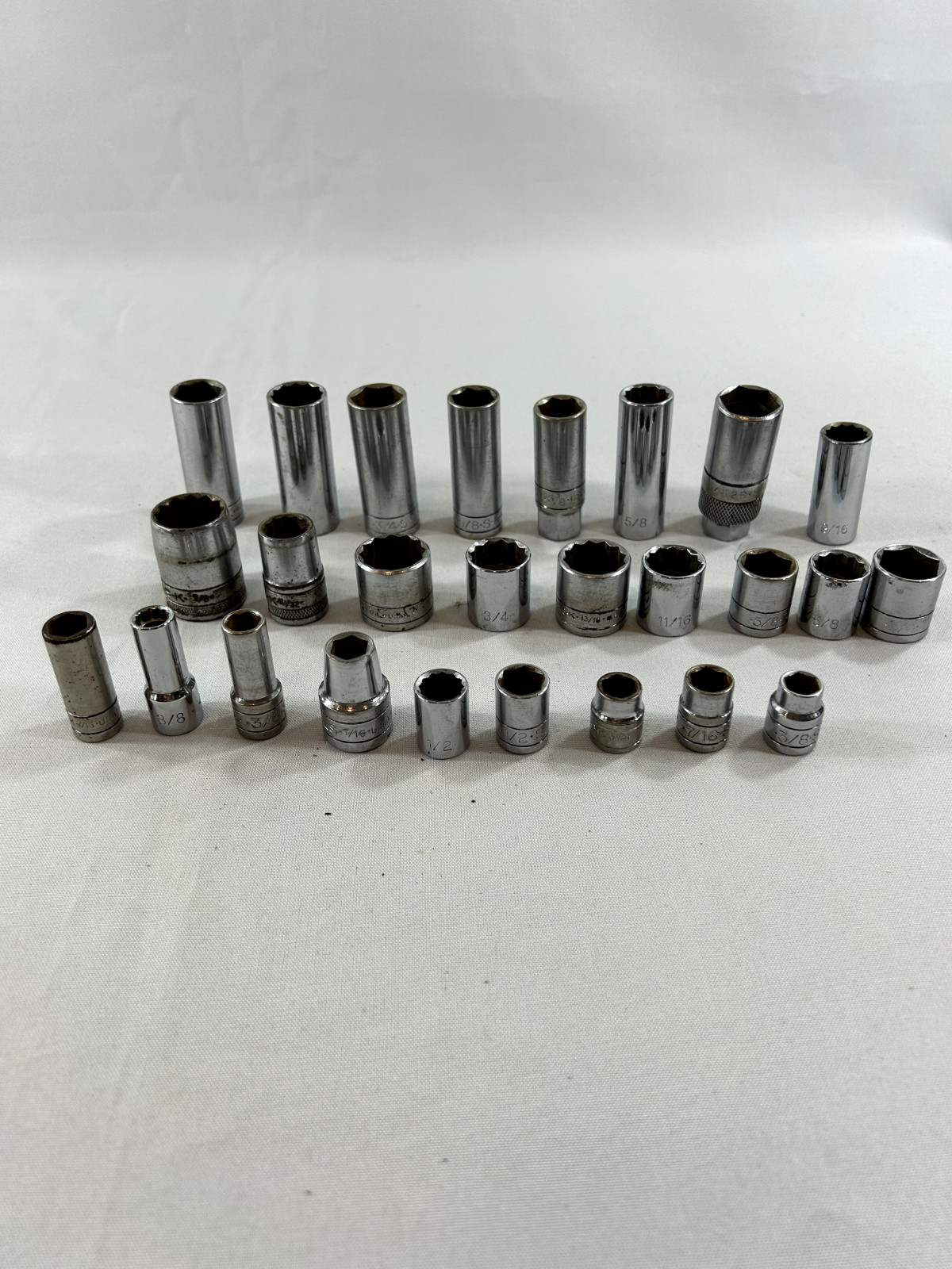 Lot of S-K Sockets – 29 Pieces – All different types 26 3/8 Drive- 1/2 Drive
