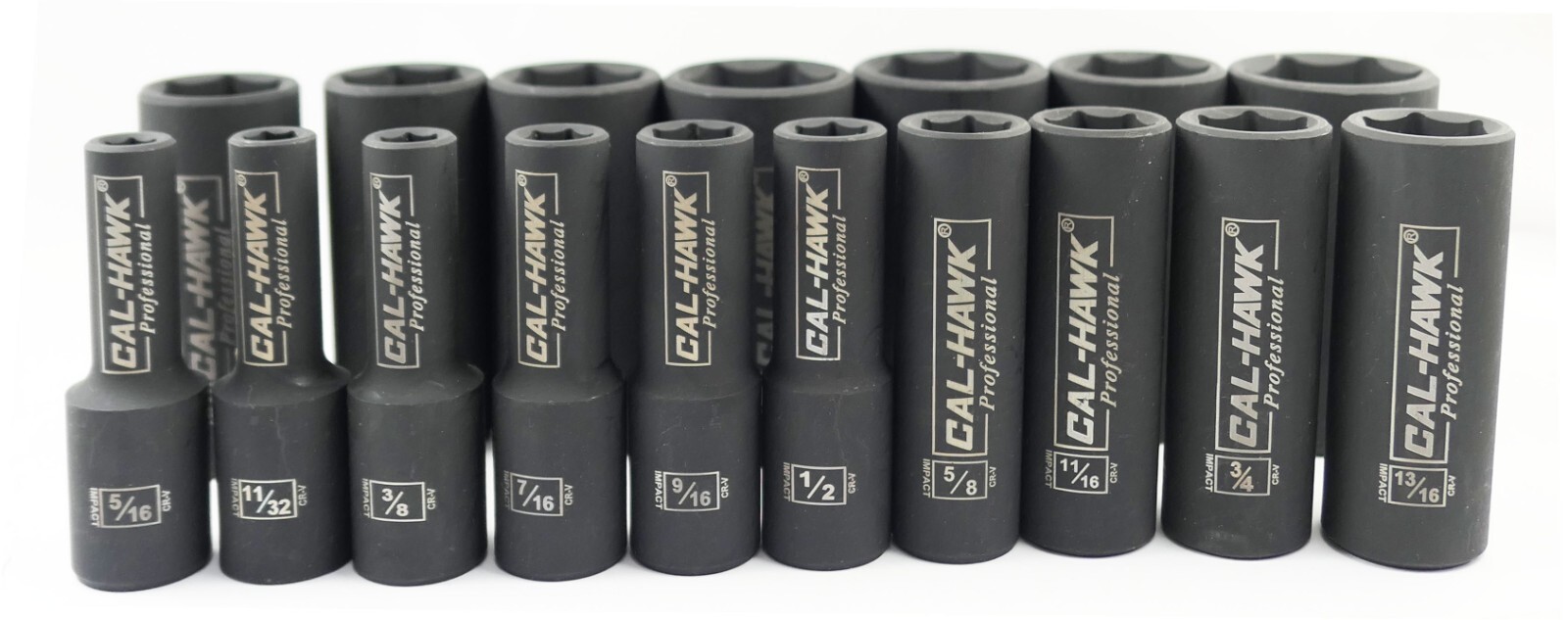 17PC CAL HAWK 1/2″ Dr. 6 POINT SAE Deep Impact Sockets Chrome Vanadium CRV Set
