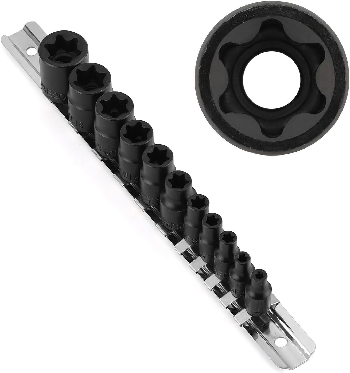 Durable 11PCS E-Torx Socket Set with Rail – High-Visibility & Heat-Treated Steel