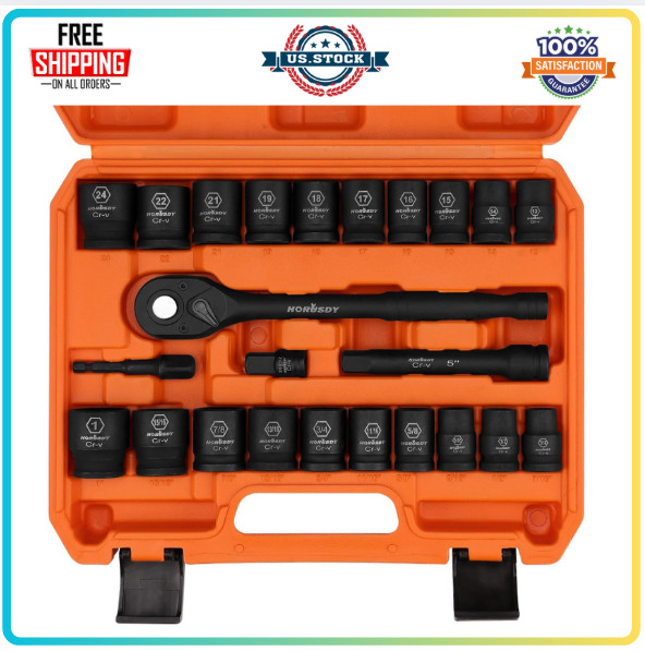 24pc 1/2″ Drive Master Impact Socket Set,Shallow Standard SAE and Metric,6 Point