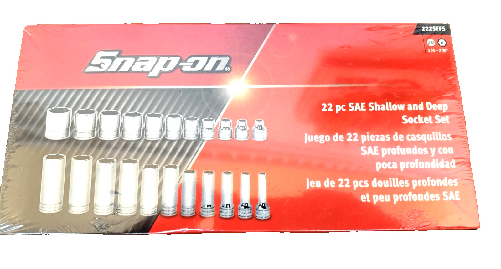 New Snap-on 3/8″ drive 1/4″ thru 7/8″ 22-pc 6-point Shallow Deep Socket 222SFFS