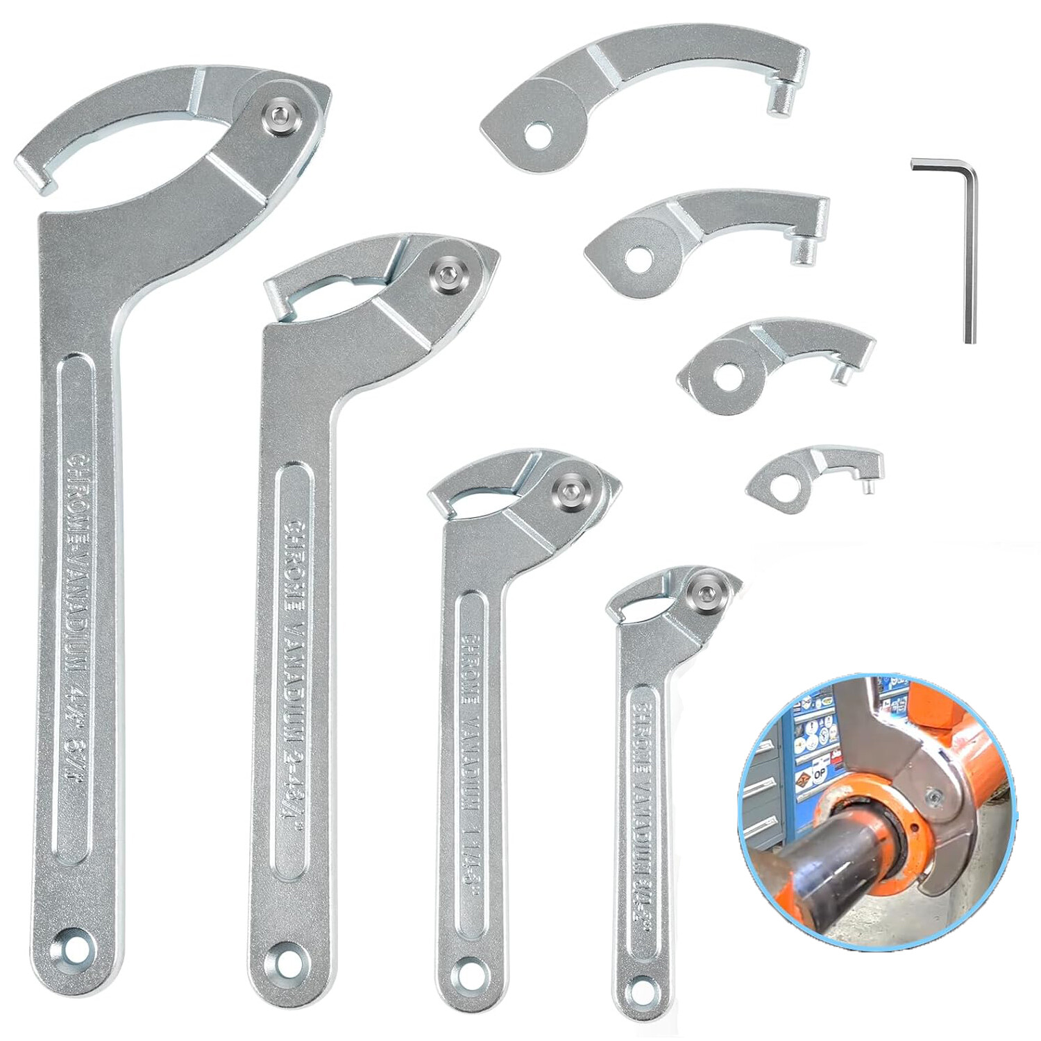 Adjustable C Spanner Hook Wrench Tool Set Nut Adjustment, 3/4″ to 6-1/10″