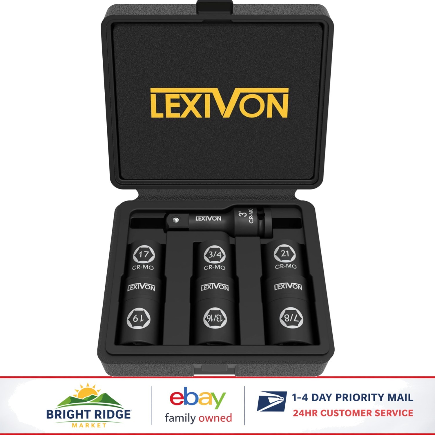 6-Piece Impact Socket Set with Extension Bar for Automotive and Construction Use