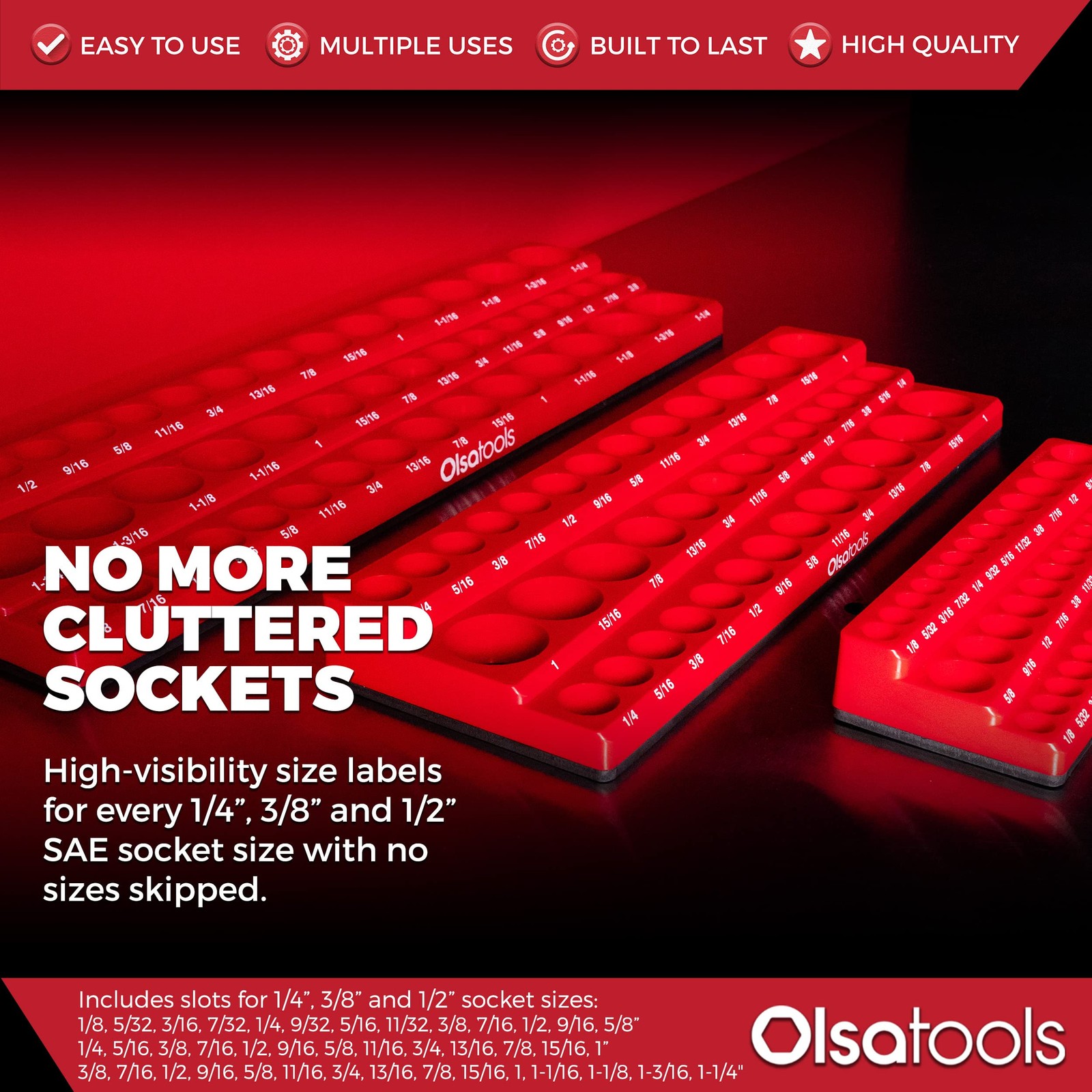 Magnetic Socket Organizer 1/4 3/8 1/2 SAE 123 Sockets Red 1560 Olsa Tools Drive