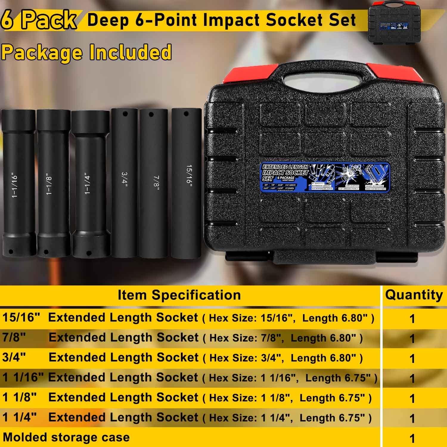 1/2» Drive Heavy Duty Extended Length Extra-Deep Length Impact Socket Set Black