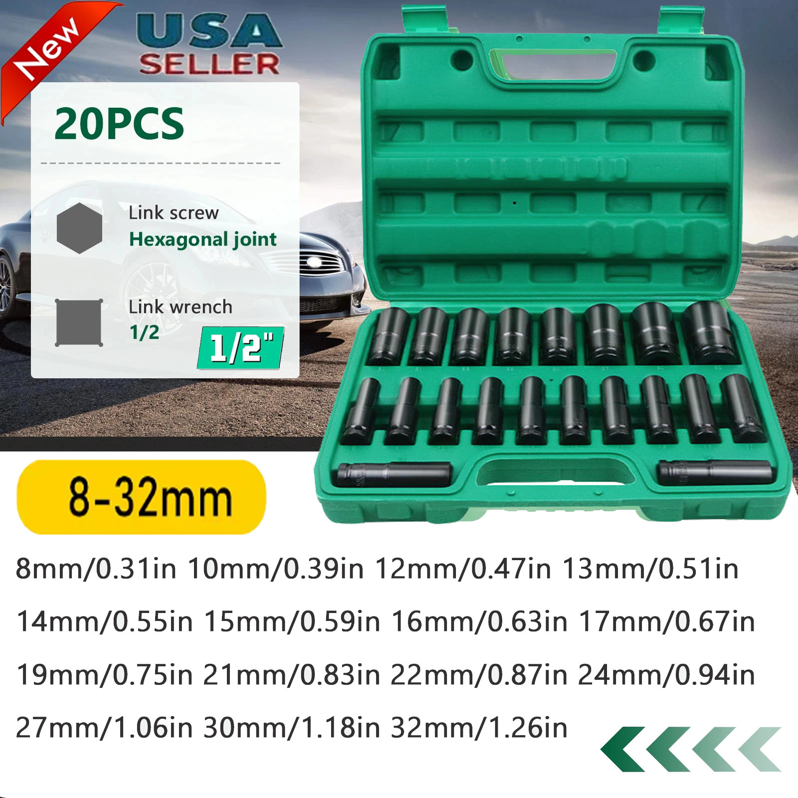 20PCS 1/2»Deep Impact Sockets Set Drive Metric 8mm-32mm Deep 6-Point Set w/case
