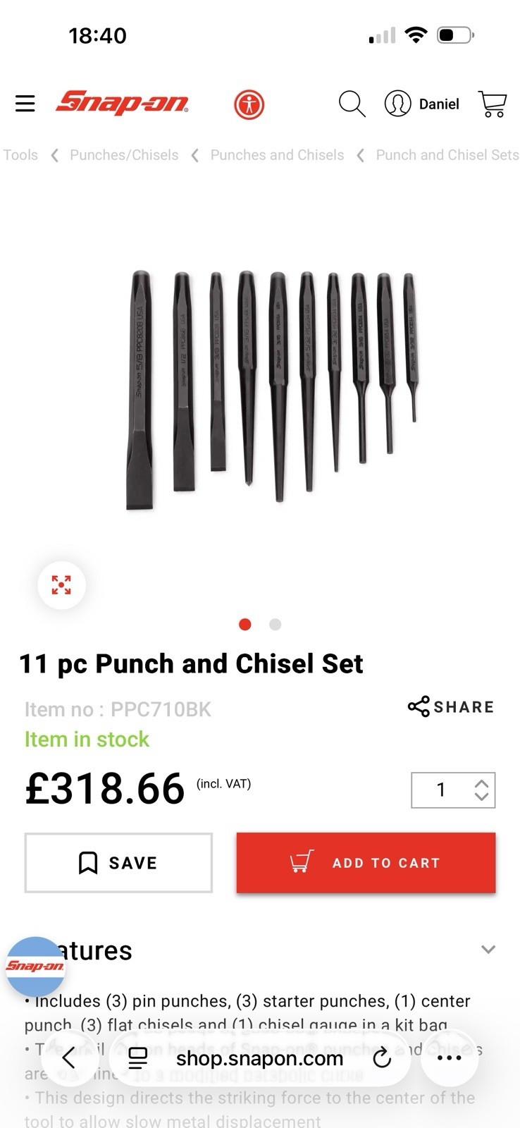 Snap On 11 pc Punch and Chisel Set PPC710BK.