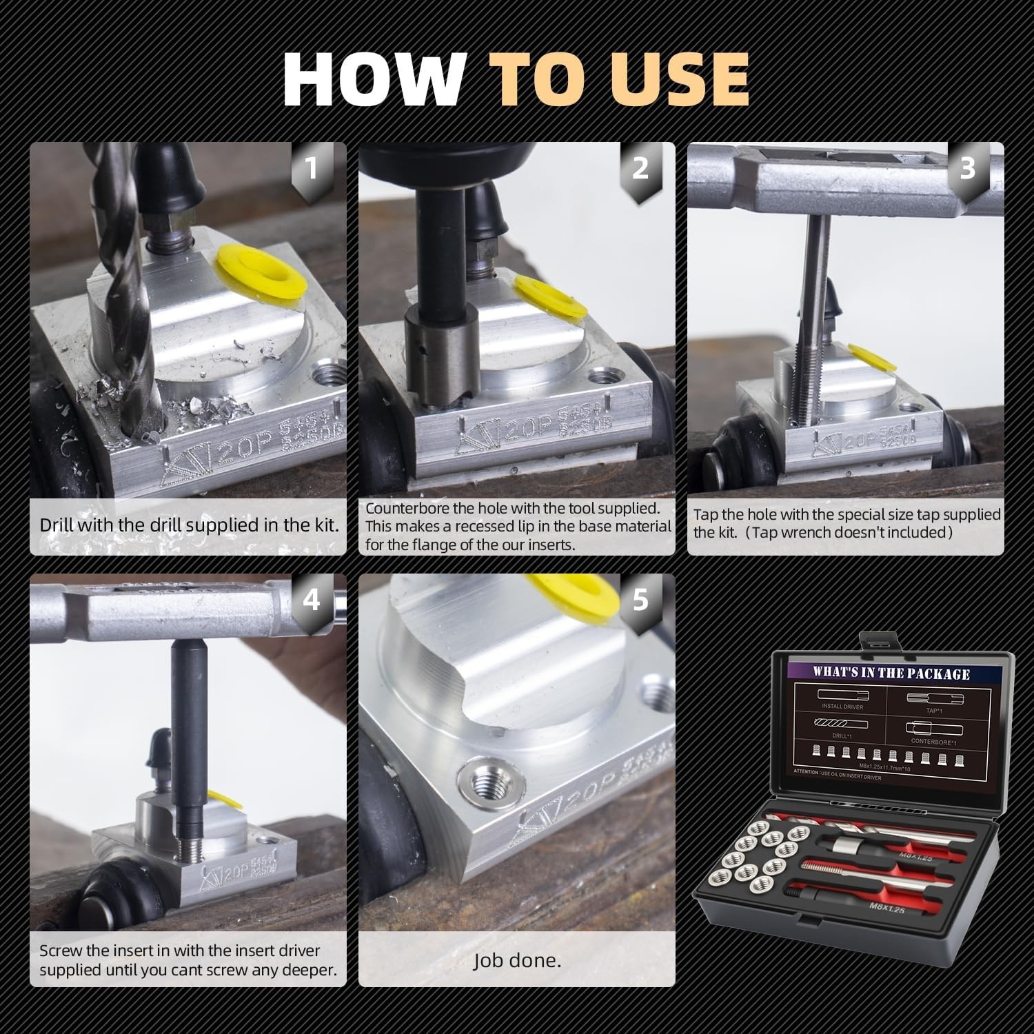 Repair Damaged Threads with M8x1.25 Thread Kit – Includes Drill & 10 Inserts