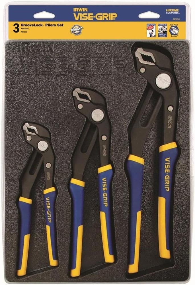IRWIN VISE-GRIP GrooveLock Pliers Set, V-Jaw, 3-Piece 8″, 10″, 12″, Blue