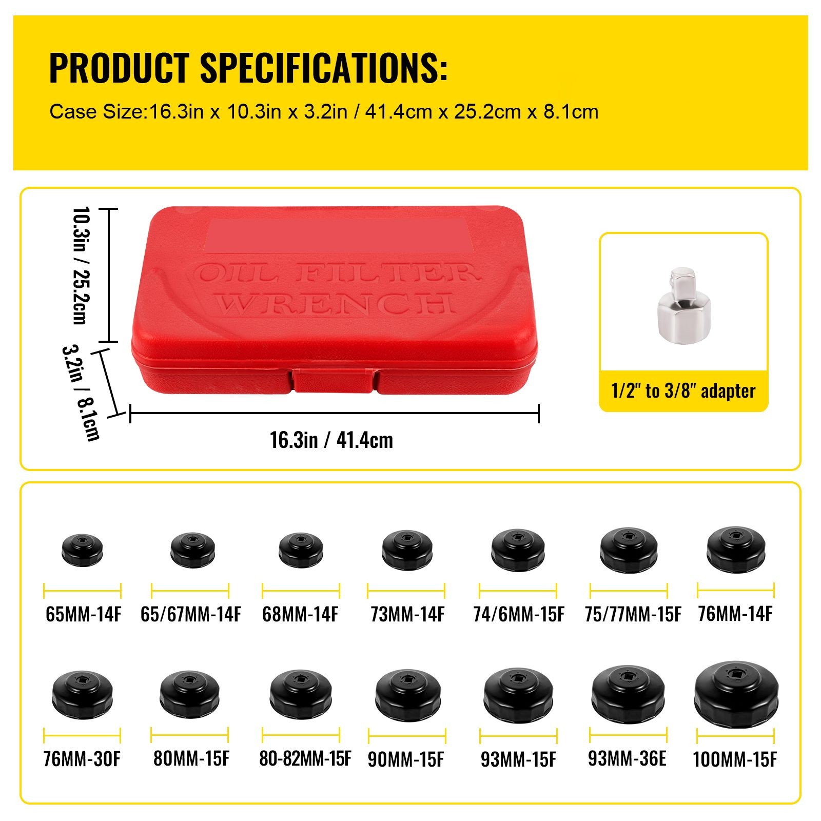 14-Pc Low-Profile Oil Filter Socket Set w/3/8″ Adapter