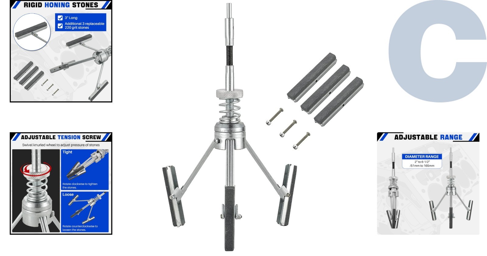 3-Piece Engine Cylinder Hone Set – Fine 220 Grit for Gasoline & Diesel Engines