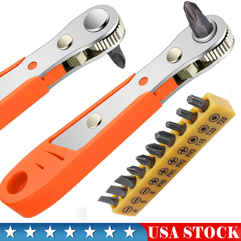 Ratcheting Right Angle Screwdriver Hex Drive 90 Degree Offset + 10pc Bits Set!