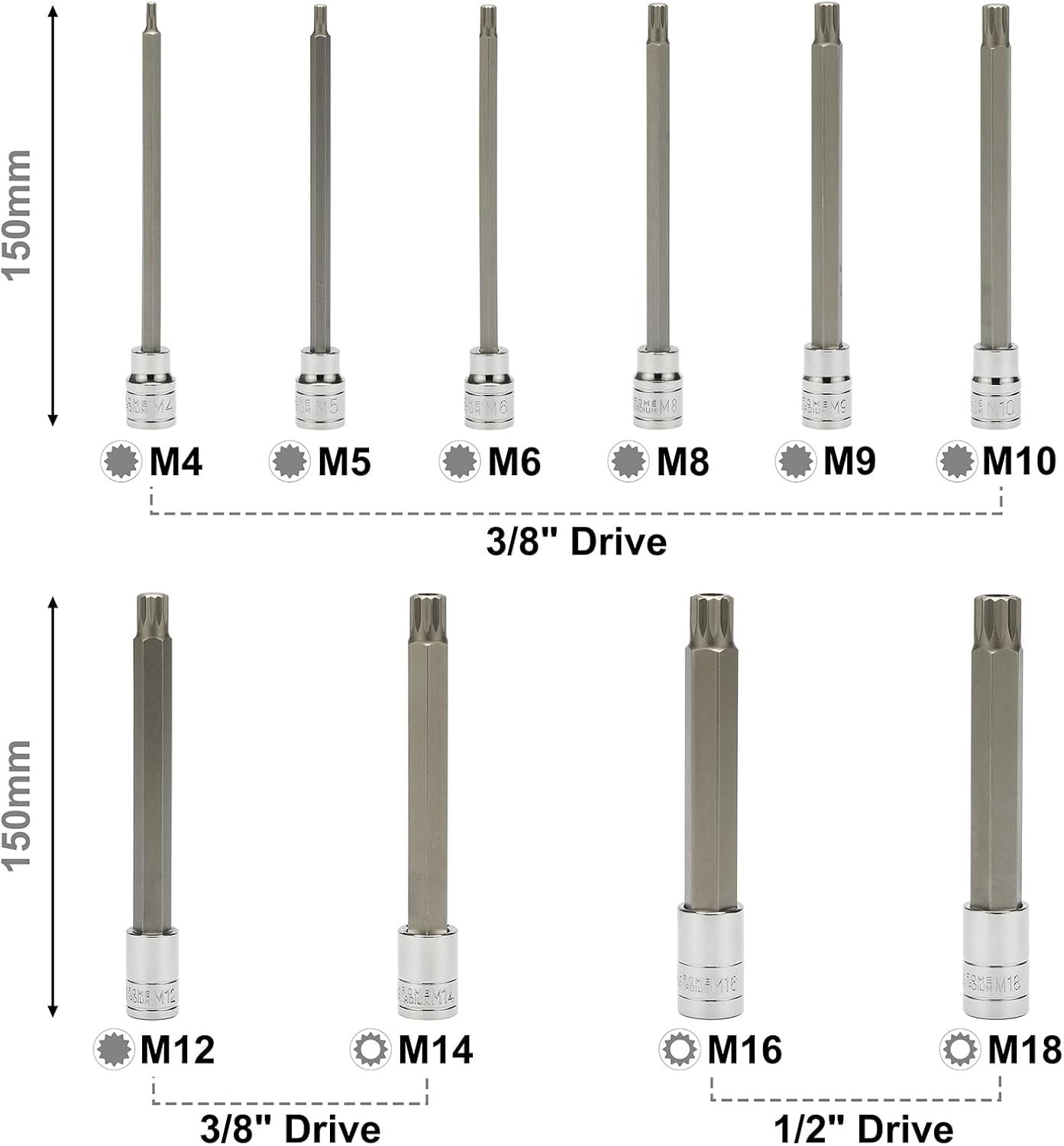10-Piece XZN Bit Socket Set, 3/8″ & 1/2″ Drive