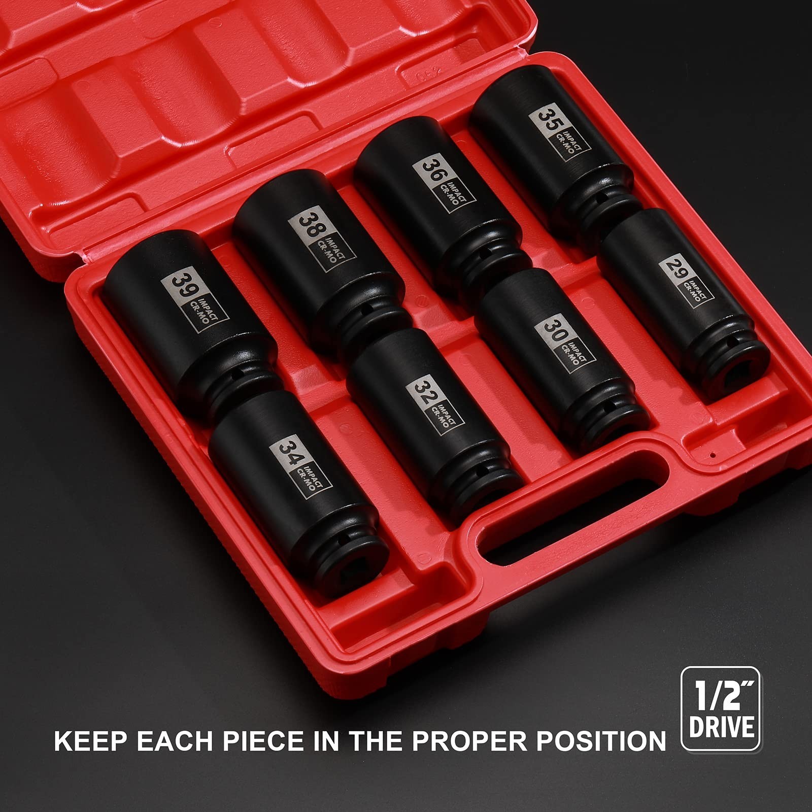 8PCS 1/2″ Drive Deep Metric Impact Socket Set, 12 Point Axle Nut, CR-MO, 29-39mm