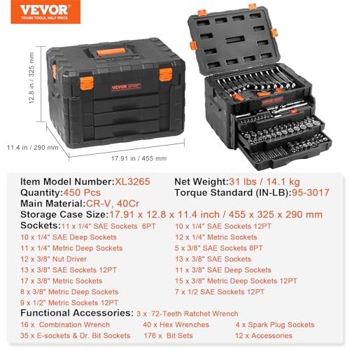 Mechanics Socket Set 450 Pcs 1/4 3/8 1/2 Drive Deep Standard SAE Metric Tool