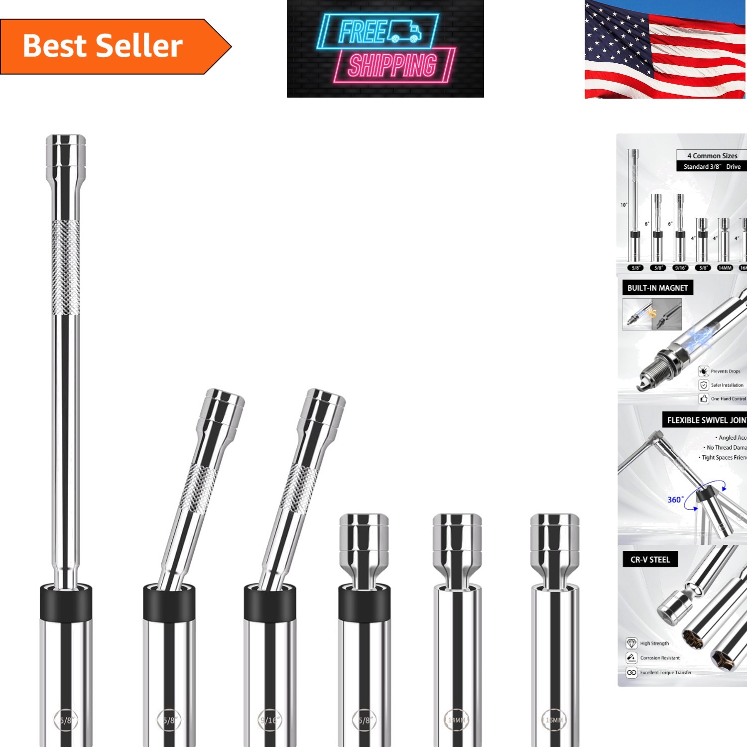6PCS 3/8″ Dr Magnetic Swivel Spark Plug Socket Set, 9/16″, 5/8″, 13/16″, 14mm
