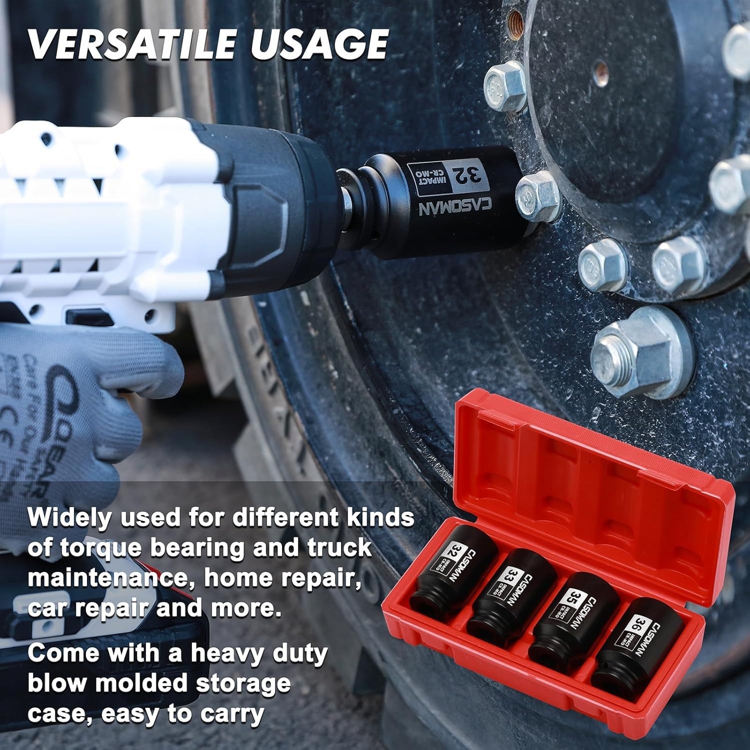 1/2» Drive Deep Spindle Axle Nut Impact Socket Set, 6 Point, CR-MO,32,33,35,…