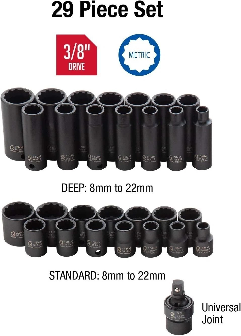 Sunex 3330 3/8″ Drive Impact Socket Set, 29-Piece Metric