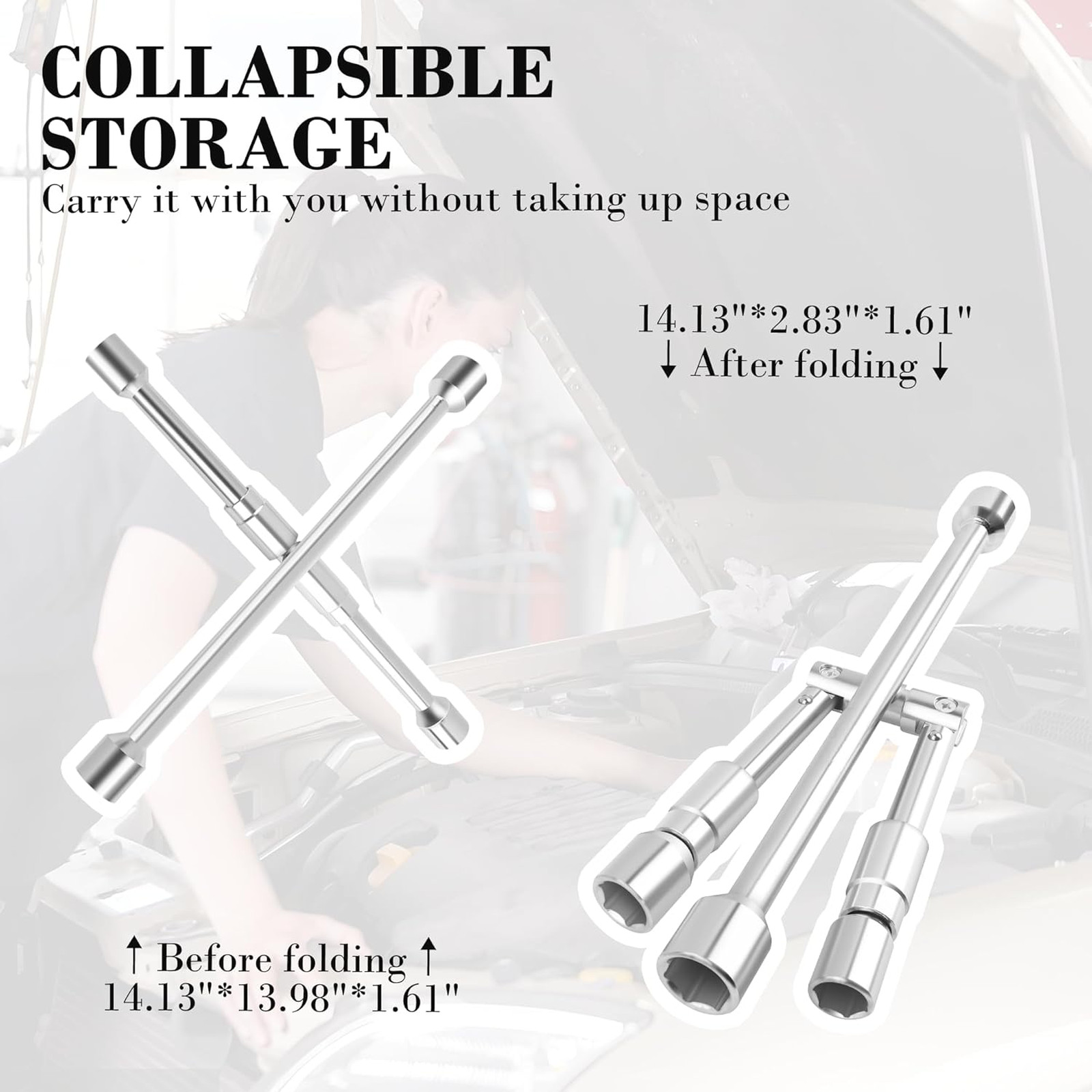 Foldable 14 Inch 4 Way Lug Wrench with Interchangeable Sockets 17mm 19mm 21mm