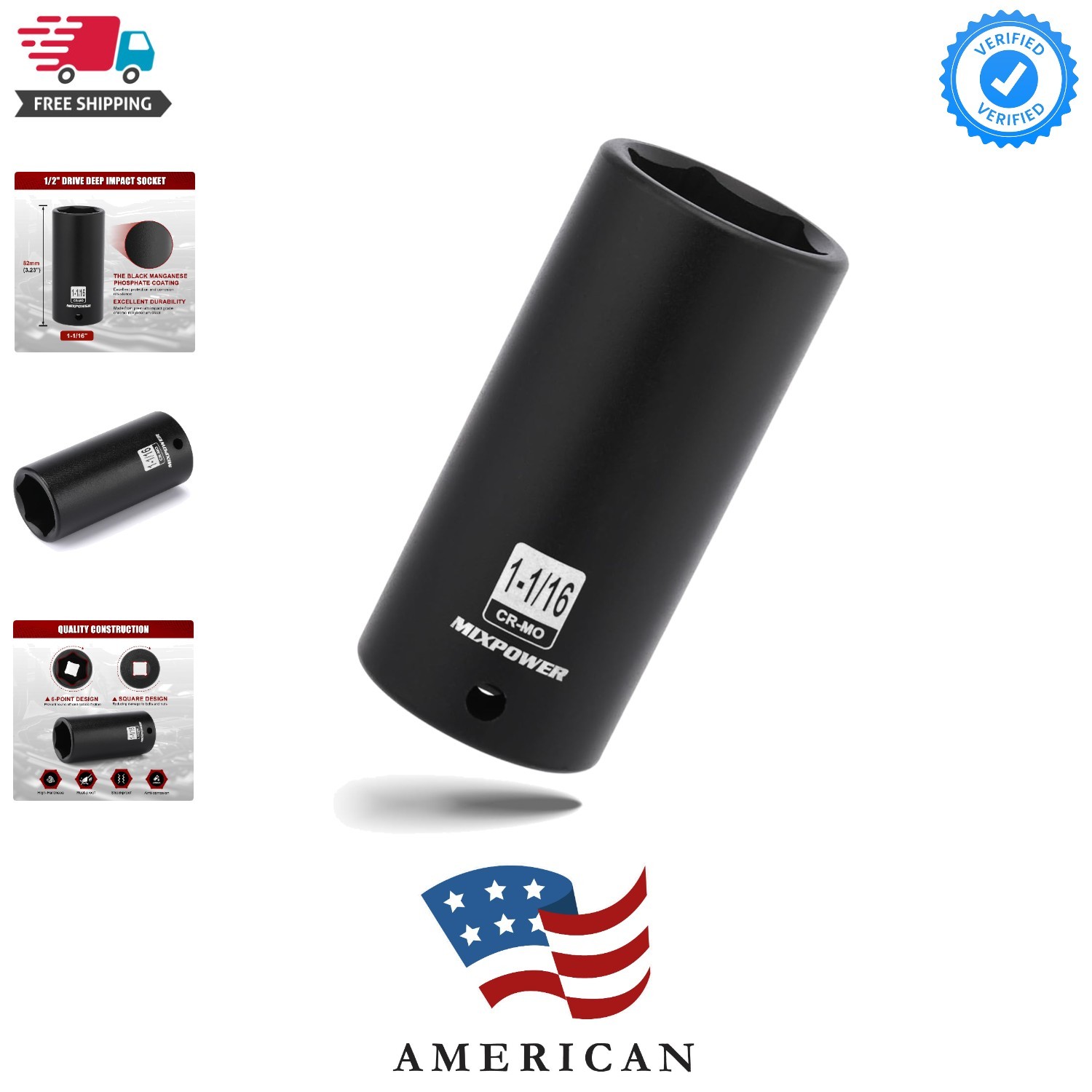 1/2″ Drive Deep Impact Socket, CR-MO, 1-1/16″, 6 Point, Radius Corner Design,…