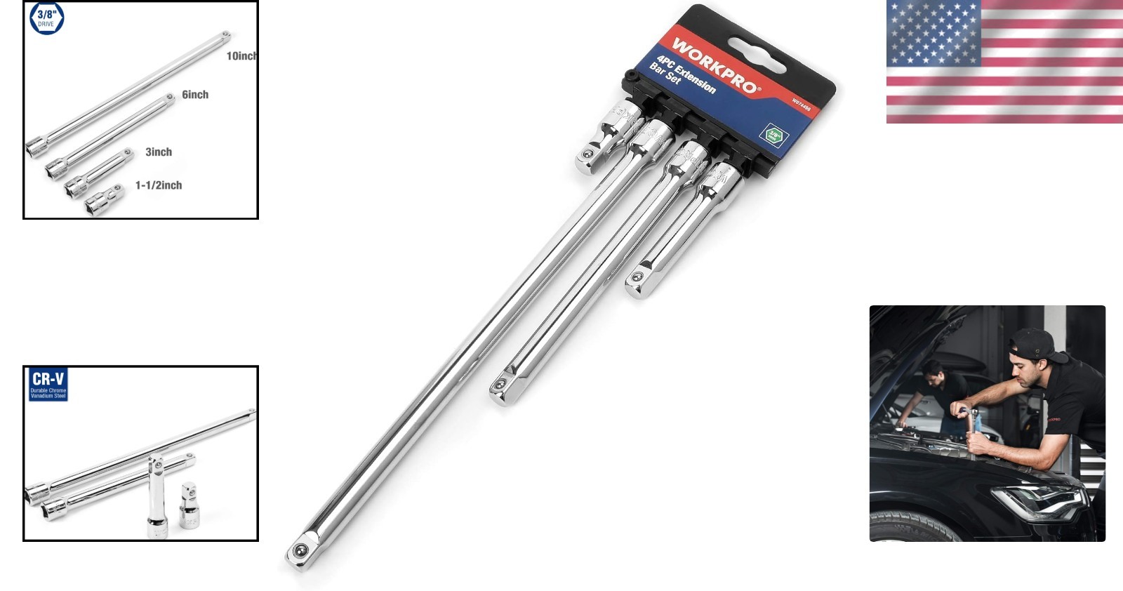 Versatile 3/8 Drive Extension Bar Set – 4 Durable Tools for All Automotive Jobs