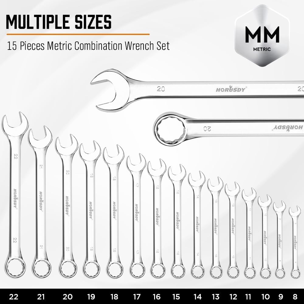 15PC Combination Spanner Wrench Ring Open Ended 8-22mm Metric 12 Point «V» Notch