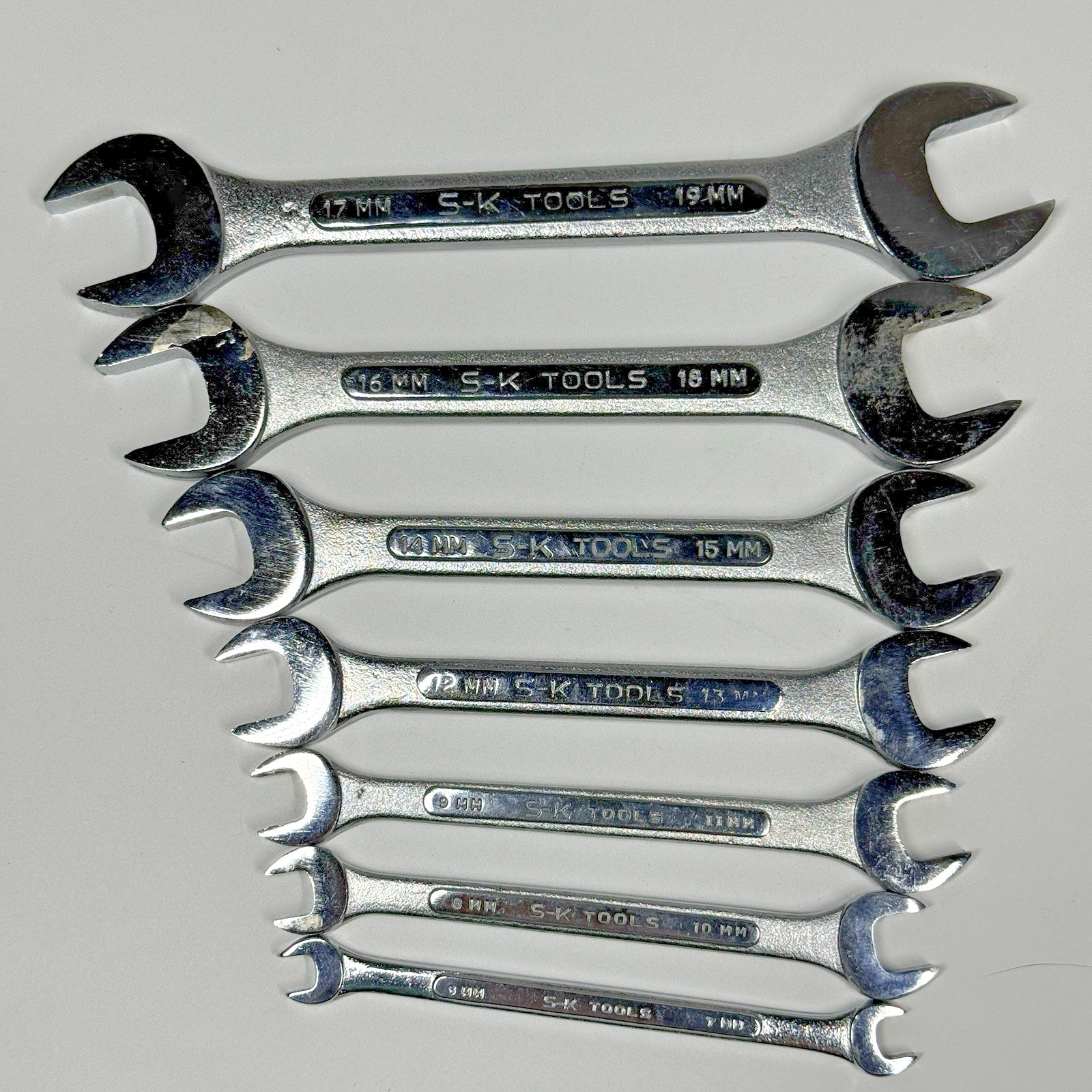 Vintage S-K Dresser 7 Pc Metric Open End Wrench Set 6mm-19mm USA In Green Case
