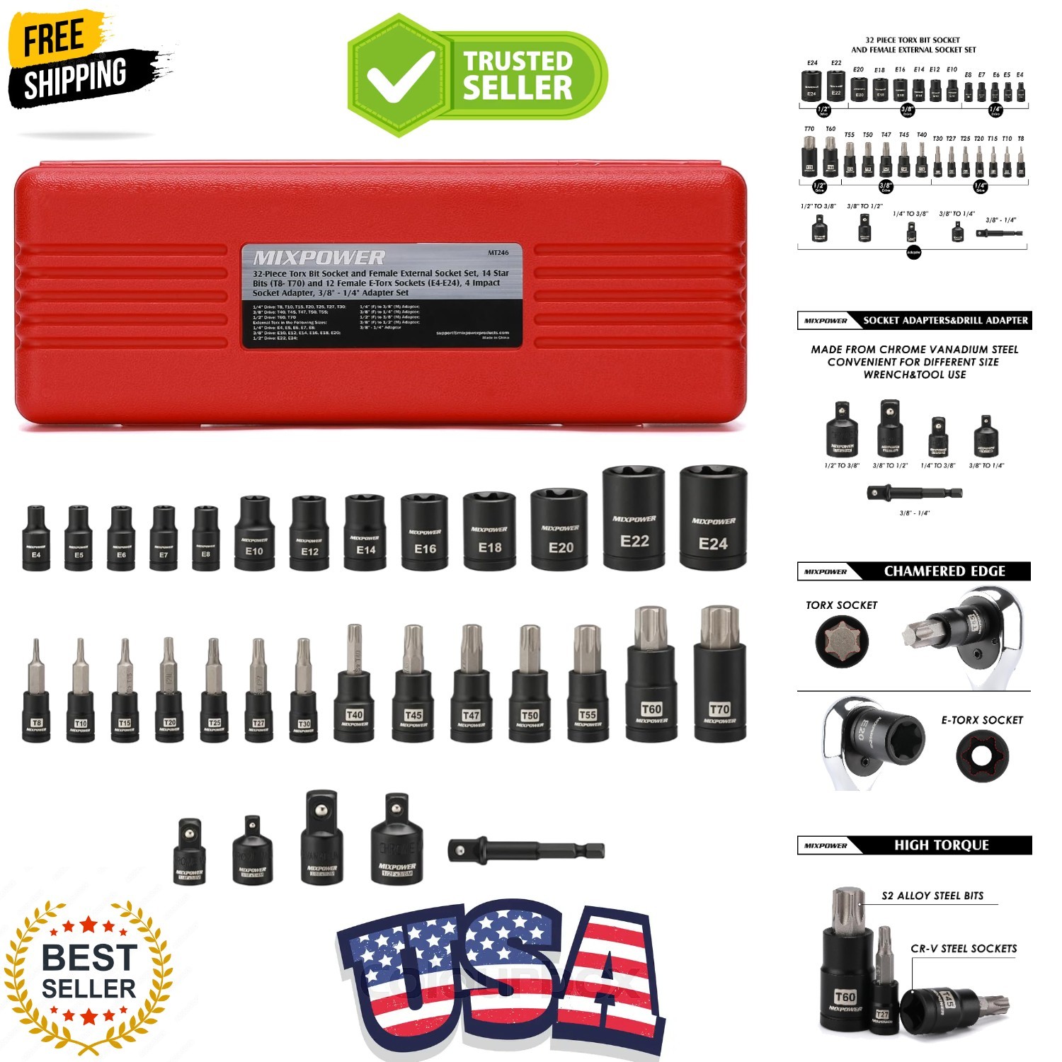 32PCS Torx Bit Socket Set, 14 Star Bits T8-T70& 13 E-Torx Sockets E4-E24, CR-…