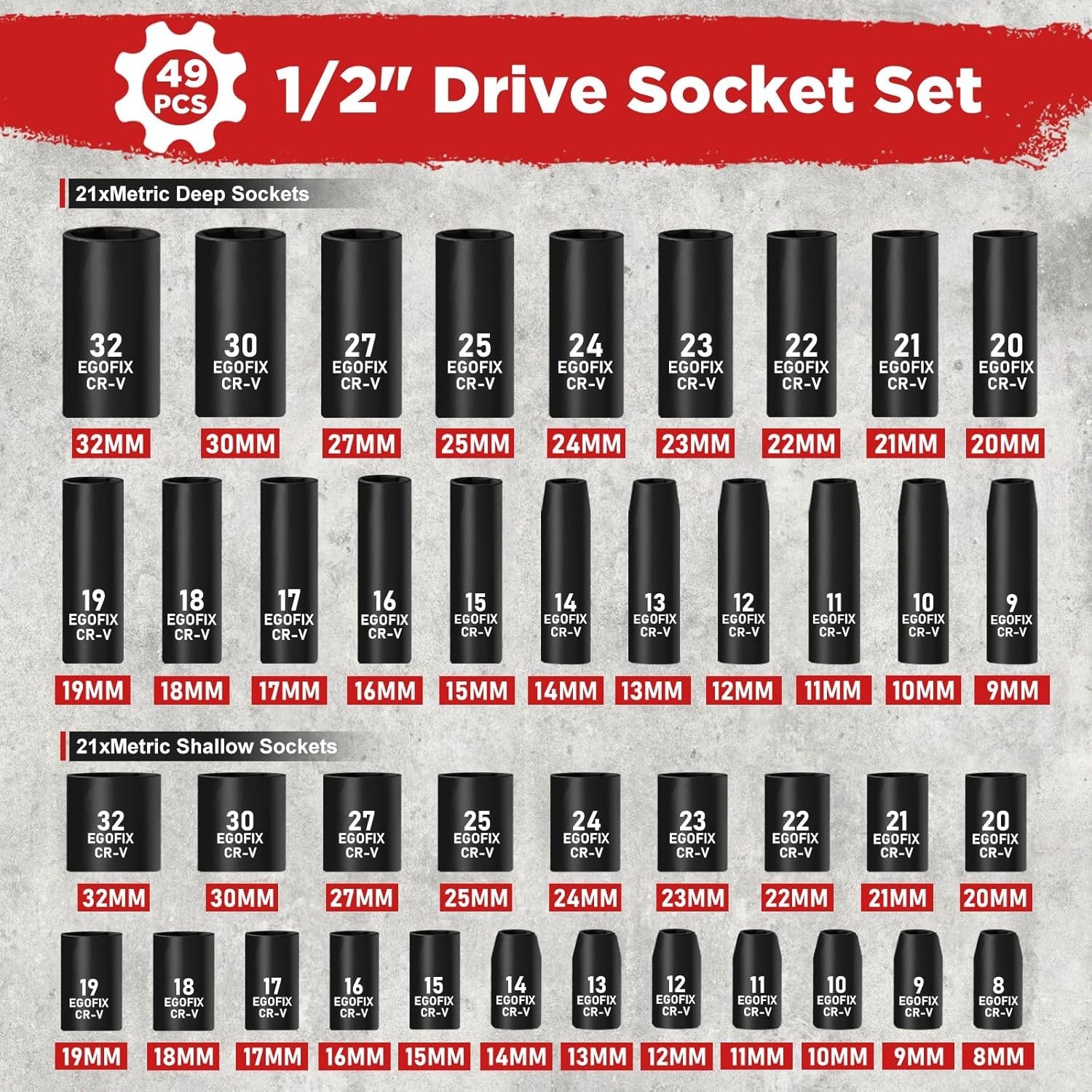 Versatile 49-Piece Metric Impact Socket Set with Universal Joint & Adapters