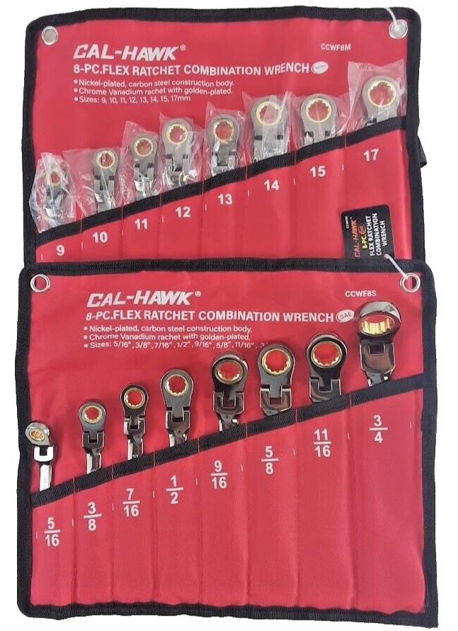16PC FLEX HEAD RATCHET OPEN END COMBINATION WRENCH CR-V NI-PLATED METRIC+SAE SET