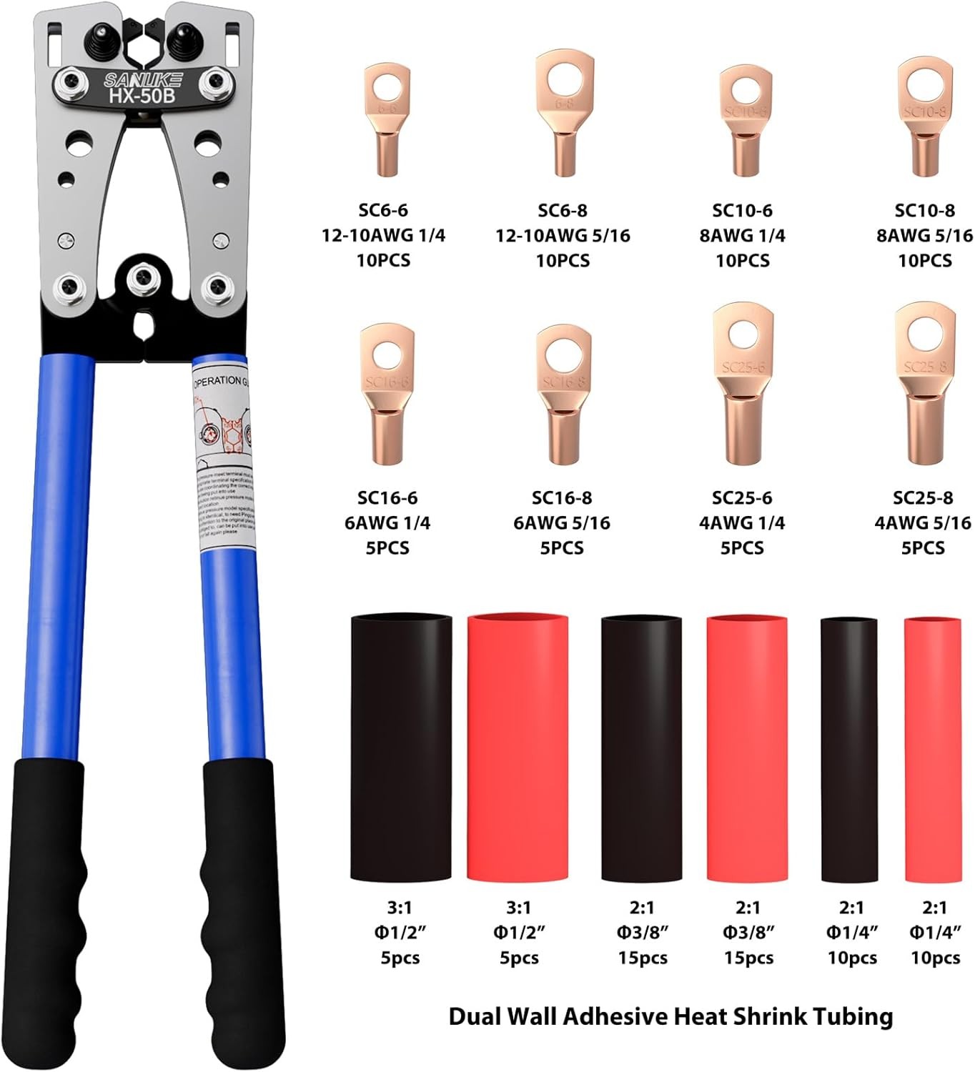Sanuke Battery Cable Lug Crimping Tool Kit for AWG 8-1/0 Silver, Blue, Black