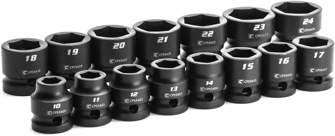 1/2 in. Drive Stubby Impact Socket Set, Metric, 10 to 24 mm, 15-Piece