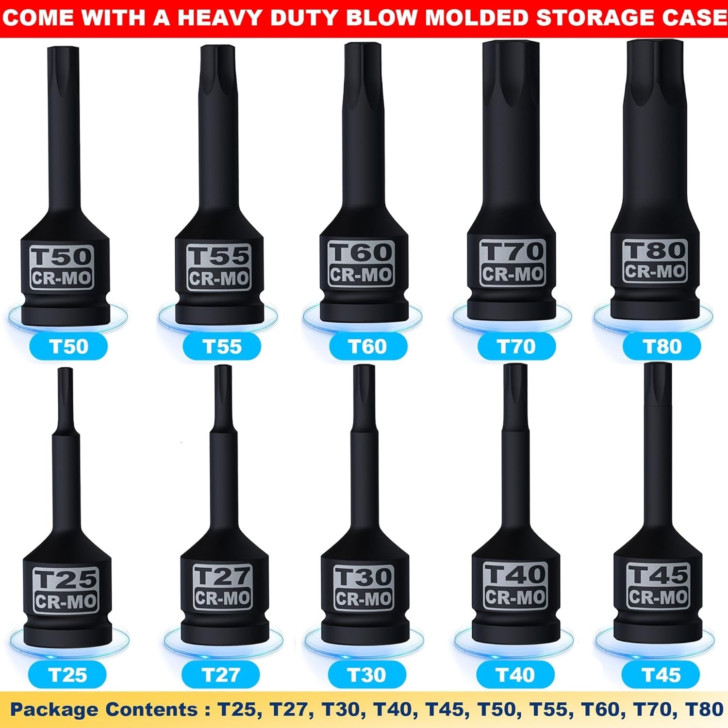 1/2″ Drive Master Impact Torx Bit Socket Set, 10-Pieces: T25 – T80, Cr-Mo Steel